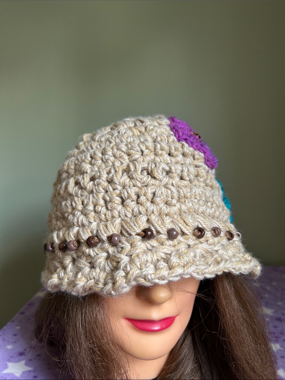 Crochet Flower Beanie with Turquoise and Purple Accents acrylic hemp yarn - Picture 3 of 8